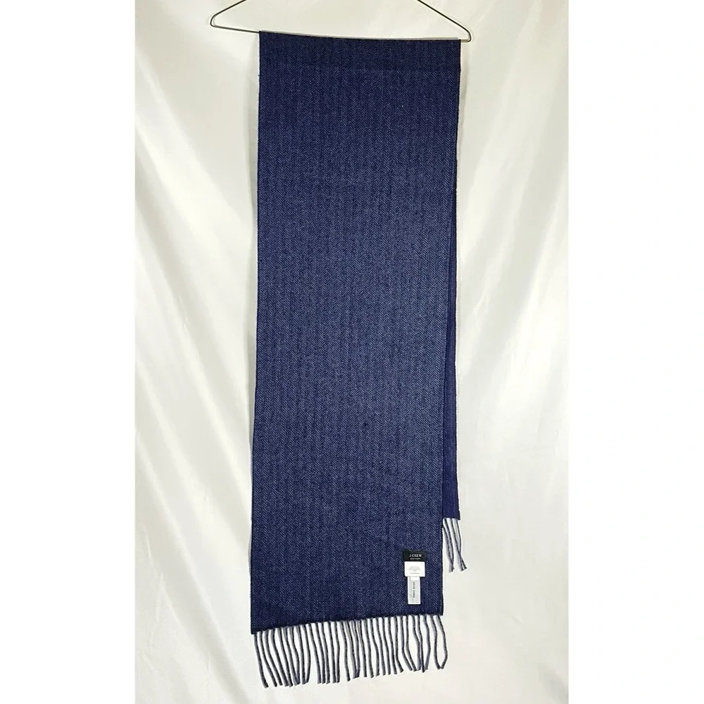 J Crew Cashmere Reversible Scarf Mens 65x12 Navy Herringbone Pin Stripe Fringe